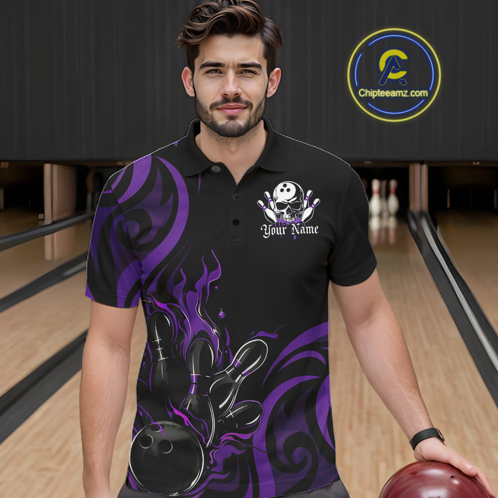 Custom Black And Purple Tribal Flame Bowling Men Shirt, Bowling League Shirt Team Jerseys IPHW10741
