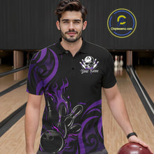 Load image into Gallery viewer, Custom Black And Purple Tribal Flame Bowling Men Shirt, Bowling League Shirt Team Jerseys IPHW10741