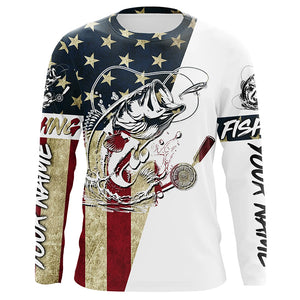 Personalized Vintage American Flag Bass Fishing Long Sleeve Shirts, Patriotic Bass Fishing Jerseys IPHW6063