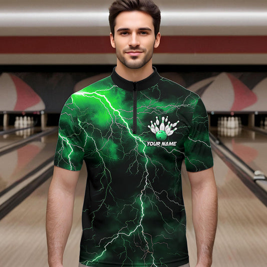 Green Thunder Lightning Custom Cobra Snake Bowling Quarter-Zip Shirts For Men, Bowling Team Shirt IPHW8896