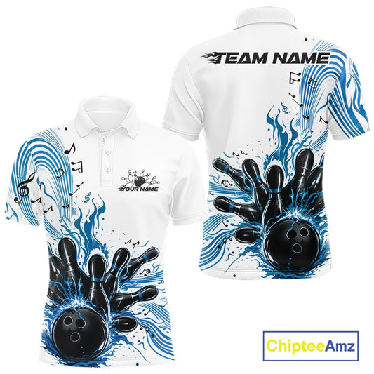 Front and back views of a white and blue mens bowling polo shirt featuring a bowling ball striking pins with flowing music note waves.