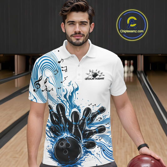 Male model wearing a white and blue bowling polo shirt at the bowling lane with music-inspired bowling graphics.