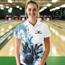 Load image into Gallery viewer, Female model wearing a white and blue bowling polo shirt at the lane with bowling artwork and musical wave accents.