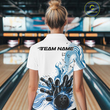 Load image into Gallery viewer, Back view of a female model in a white and blue bowling polo shirt featuring music-inspired bowling graphics.