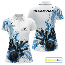 Load image into Gallery viewer, Front and back views of a white and blue womens bowling polo shirt showcasing a bowling ball striking pins with flowing music note waves.