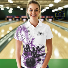 Load image into Gallery viewer, Female model wearing a white and purple bowling polo shirt at the bowling lane with musical bowling artwork and flowing note accents.