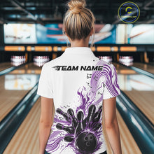 Load image into Gallery viewer, Back view of a female model in a white and purple bowling polo shirt displaying bowling strike graphics and music-themed details.