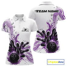 Load image into Gallery viewer, Front and back views of a white and purple womens bowling polo shirt featuring bowling pins, a bowling ball, and music note wave graphics.