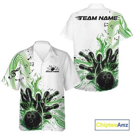 Front and back views of a white and green button-up bowling shirt featuring bowling ball and pin graphics with flowing music note waves.