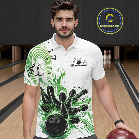Male model wearing a white and green bowling polo shirt at the lane with music-inspired bowling graphics and wave accents.