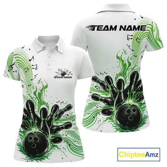 Front and back views of a white and green womens bowling polo shirt featuring a bowling ball striking pins with flowing music note waves.