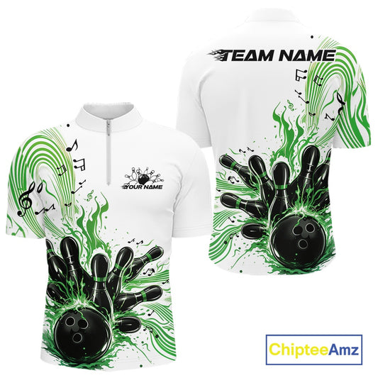 Front and back views of a white and green mens bowling quarter-zip shirt featuring a bowling ball striking pins with flowing music note waves.