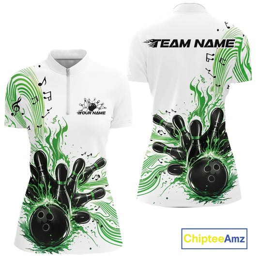 Front and back views of a white and green womens bowling quarter-zip shirt featuring a bowling ball striking pins with flowing music note waves.