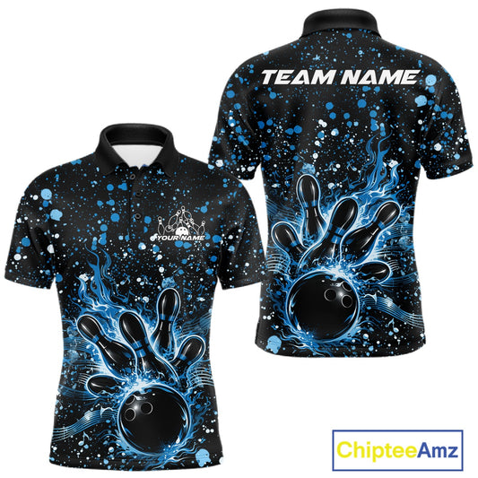 Front and back views of a black mens bowling polo shirt showcasing a flaming bowling ball striking pins with blue paint splatter artwork.