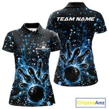 Load image into Gallery viewer, Front and back views of a black womens bowling polo shirt showcasing a flaming bowling ball striking pins with blue paint splatter graphics.