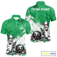 Load image into Gallery viewer, Green and white personalized bowling polo shirt featuring funny drunk bowling pin and ball graphic print