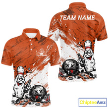 Load image into Gallery viewer, Orange and white personalized bowling polo shirt featuring funny drunk bowling pin and ball graphic print