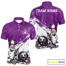 Load image into Gallery viewer, Purple and white personalized bowling polo shirt featuring funny cartoon bowling pin and ball graphic print