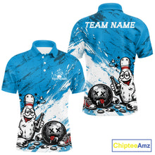 Load image into Gallery viewer, Sky blue custom bowling jersey with funny cartoon bowling ball, pin and beer graphic print
