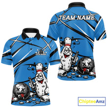 Load image into Gallery viewer, Sport Blue polo shirt with funny drunk bowling ball and pins cartoon design