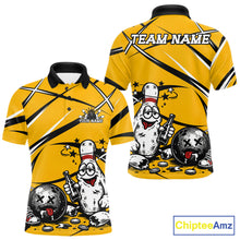Load image into Gallery viewer, Yellow polo shirt with funny drunk bowling ball and pins cartoon design