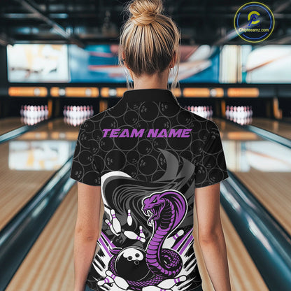 Custom Black And Purple Cobra Snake Bowling Women Quarter-Zip Shirts, Bowling Team Shirt IPHW9700