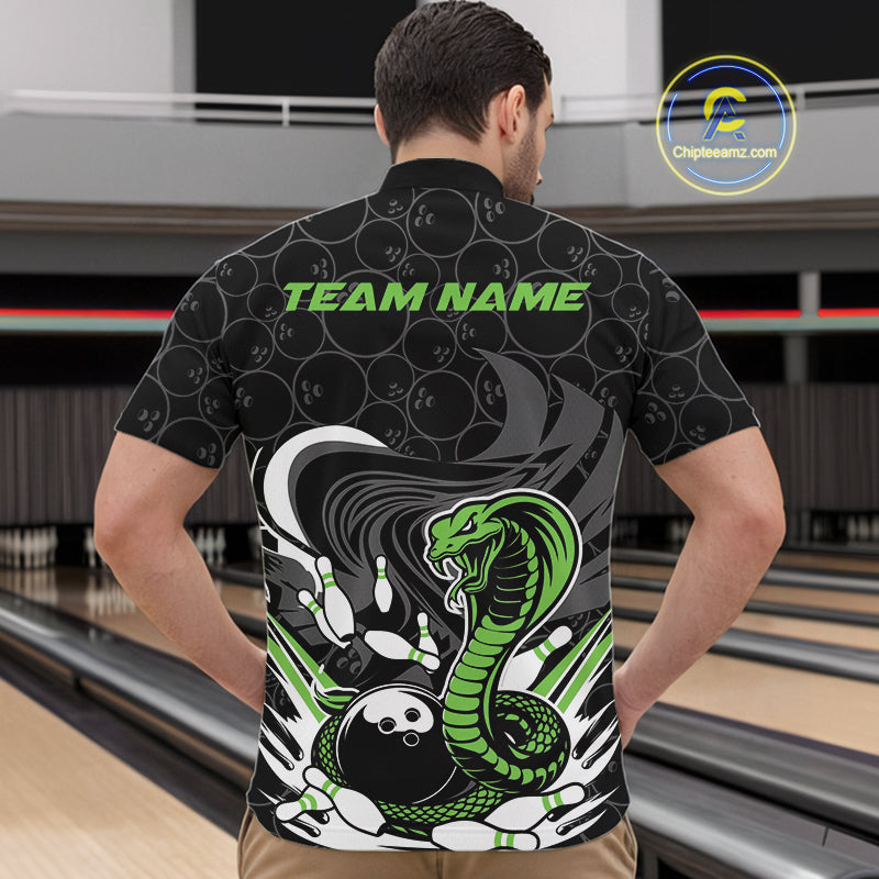 Custom Black And Green Cobra Snake Bowling Quarter-Zip Shirts For Men, Cobra Bowling Team Shirt IPHW9701