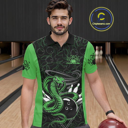 Custom Green Cobra Snake Bowling Team Men Polo Shirts, Bowling Pattern Shirt IPHW9704