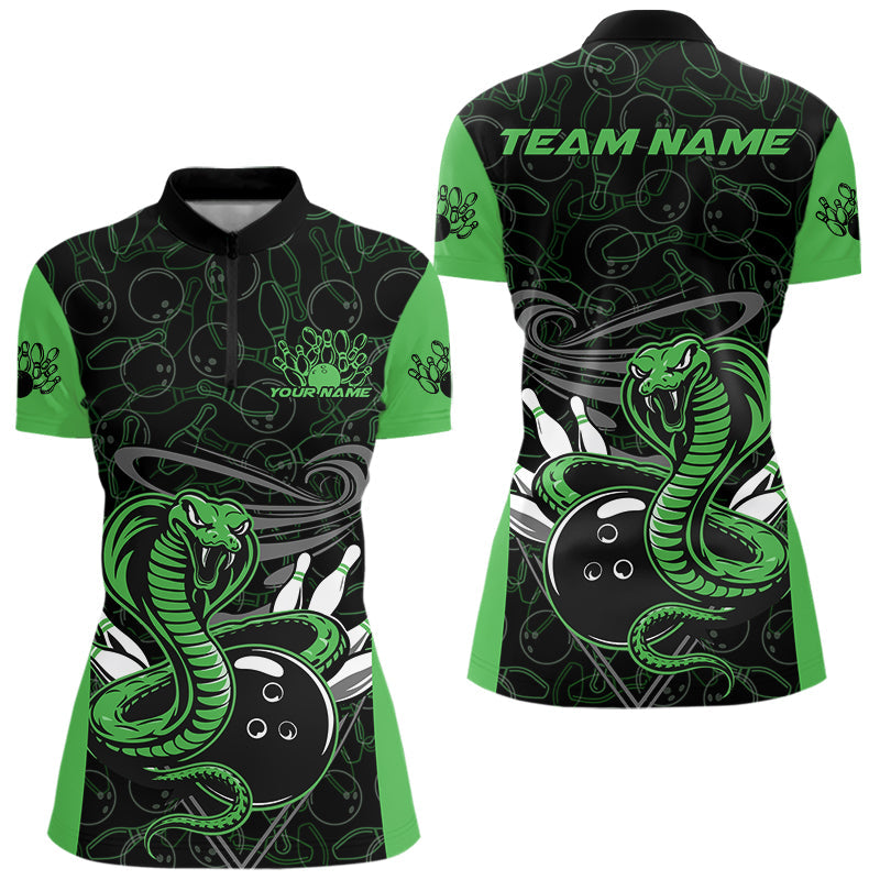 Custom Green Cobra Snake Bowling Team Women Quarter-Zip Shirts, Bowling Pattern Shirt IPHW9704