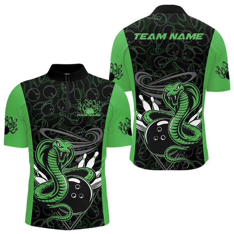 Custom Green Cobra Snake Bowling Team Men Quarter-Zip Shirts, Bowling Pattern Shirt IPHW9704