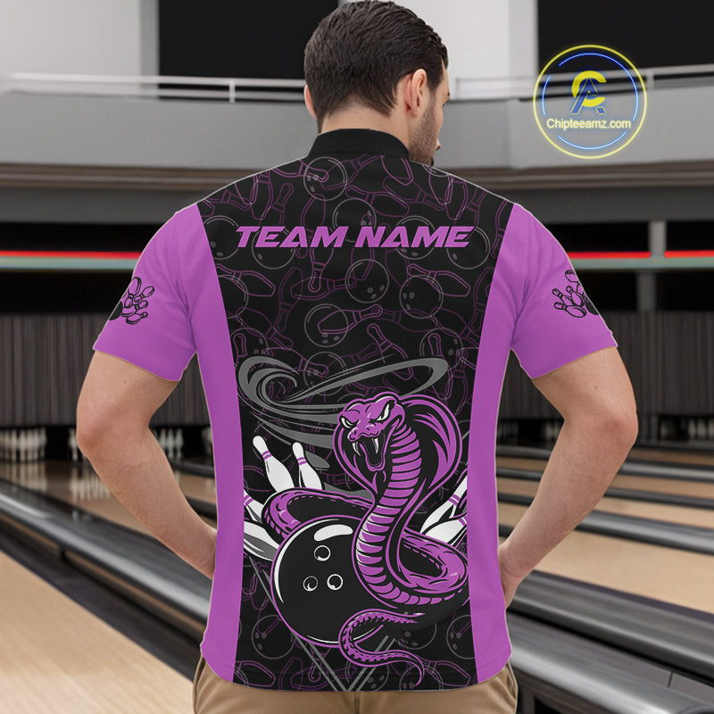 Custom Purple Cobra Snake Bowling Team Men Quarter-Zip Shirts, Bowling Pattern Shirt IPHW9705