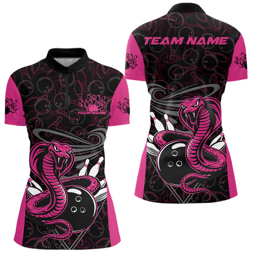 Custom Pink Cobra Snake Bowling Team Women Quarter-Zip Shirts, Bowling Pattern Shirt IPHW9707