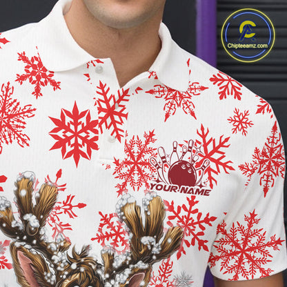 Custom Cute Funny Reindeer Christmas Bowling Men Polo Shirts, Xmas Team Bowling Shirt IPHW10113
