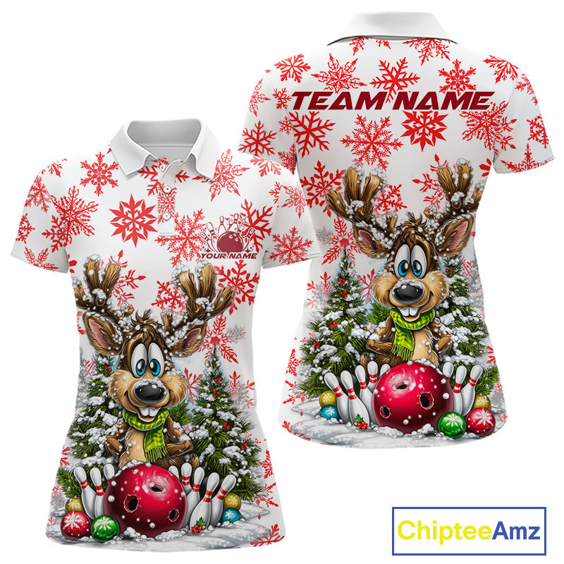 Custom Cute Funny Reindeer Christmas Bowling Women Polo Shirts, Xmas Team Bowling Shirt IPHW10113