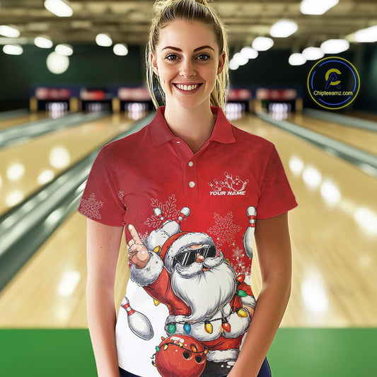 Custom Funny Santa Claus Christmas Bowling Women Polo Shirts, Xmas Team Bowling Outfit IPHW10116