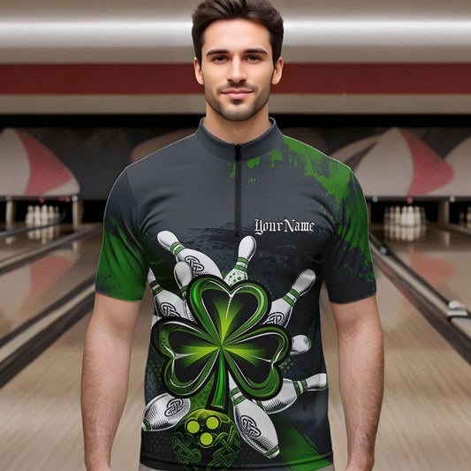 Custom Celtic Shamprock St Patricks Bowling Quarter-Zip Team Shirts For Men, Lucky Bowling Jerseys IPHW8590