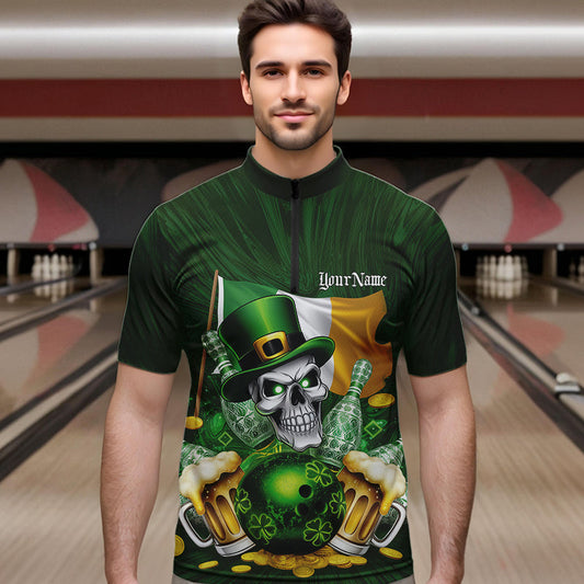 Custom Irish Flag St Patricks Day Bowling Quarter-Zip Team Shirts For Men, Skull Leprechaun Bowling IPHW8594