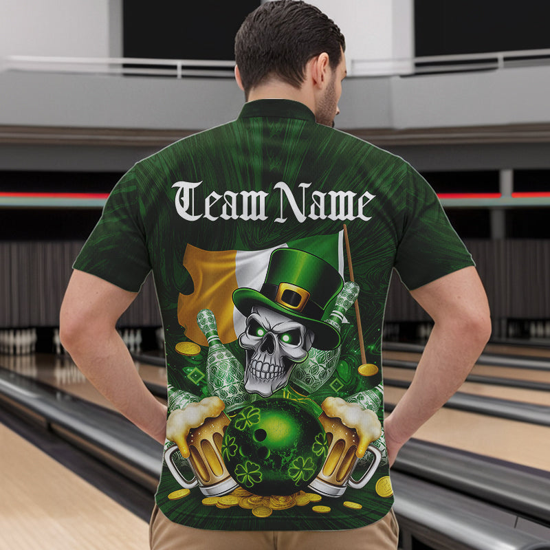 Custom Irish Flag St Patricks Day Bowling Quarter-Zip Team Shirts For Men, Skull Leprechaun Bowling IPHW8594