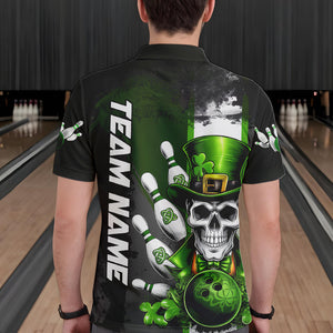 Custom Black And Green Lucky Clover St Patricks Day Skull Bowling Team Polo Shirts For Men IPHW8597