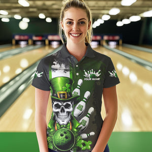 Custom Black And Green Lucky Clover St Patricks Day Skull Bowling Team Polo Shirt For Women IPHW8597