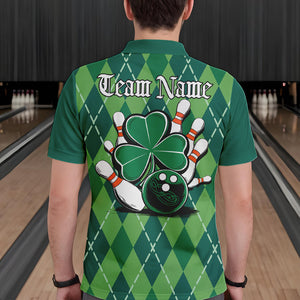 Custom Green Shamprock Saint Patricks Bowling Polo Shirts For Men, Lucky Bowling Team Shirt IPHW8598