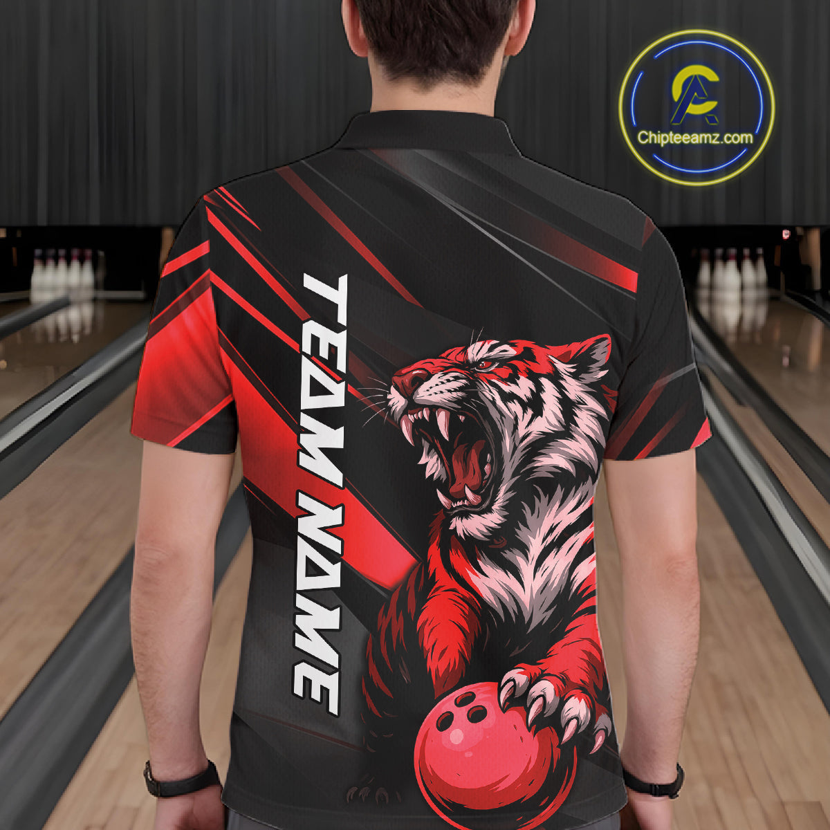 Custom Black And Red Tiger Bowling Team Men Shirt, Bowling League Shirt Bowler Uniform IPHW10775