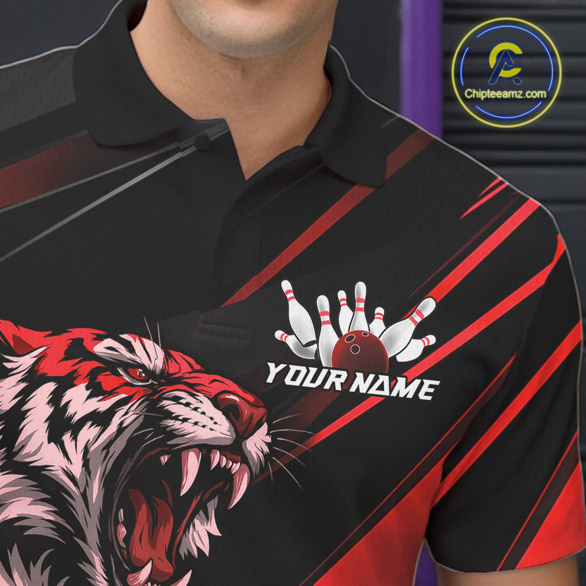 Custom Black And Red Tiger Bowling Team Men Shirt, Bowling League Shirt Bowler Uniform IPHW10775