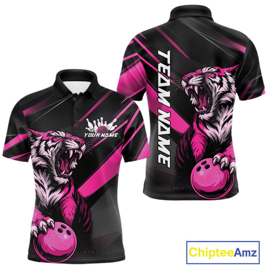 Custom Black And Pink Tiger Bowling Team Men Shirt, Bowling League Shirt Bowler Uniform IPHW10777