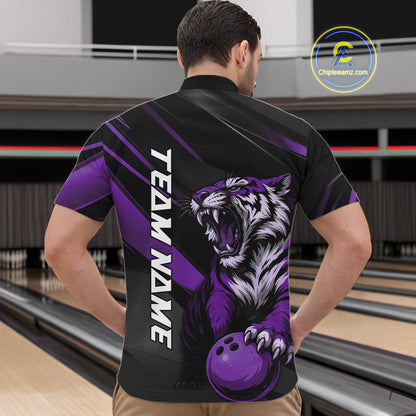 Custom Black And Purple Tiger Bowling Team Men Shirt, Bowling League Shirt Bowler Uniform IPHW10778