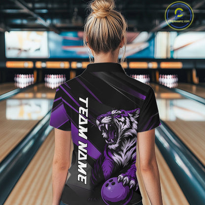 Custom Black And Purple Tiger Bowling Women Shirt, Bowling League Shirt Bowler Uniform IPHW10778