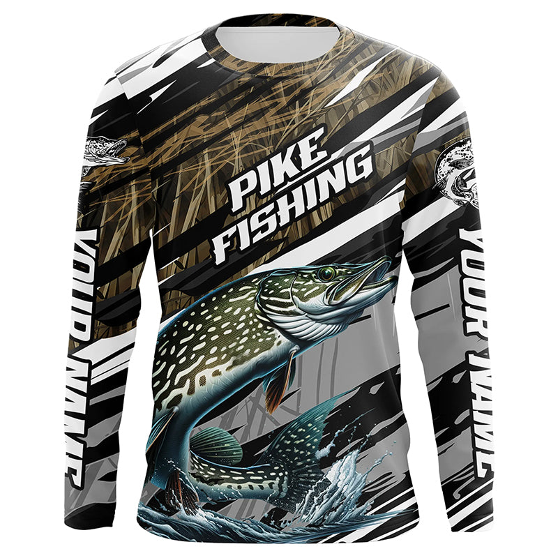 Pike Fishing Grass Camo Custom Long Sleeve Shirts, Pike Uv Protection Tournament Fishing Jerseys IPHW6081