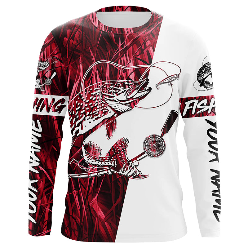 Custom Pike Fishing Tattoo Red Grass Camo Long Sleeve Fishing Shirts, Pike Fishing Jerseys IPHW6084