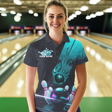 Load image into Gallery viewer, Custom Black And Blue Flame Bowling Polo Shirts For Women, Holographic Bowling League Shirt IPHW8902