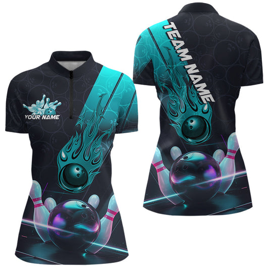 Custom Black And Blue Flame Bowling Women Quarter-Zip Shirt, Holographic Bowling Shirt IPHW8902